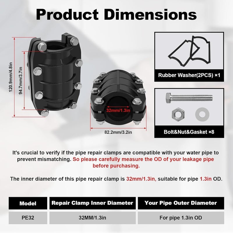XDENGP Pipe Repair Clamp 1-1/4 inch, Water Pipe Leak Repair Clamp, Pipe Repair Kit for Plastic and Metal Pipes, Leak Stopper with Anti-Impact, Suitable for Pipes 32MM OD - Image 2